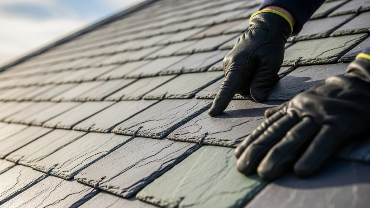 Close-up of durable red clay roof tiles in London weather