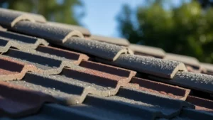 London concrete roof tiles with moss and weather exposure