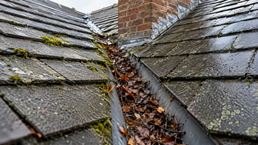 Roofer inspecting roof valley blockage on a UK home