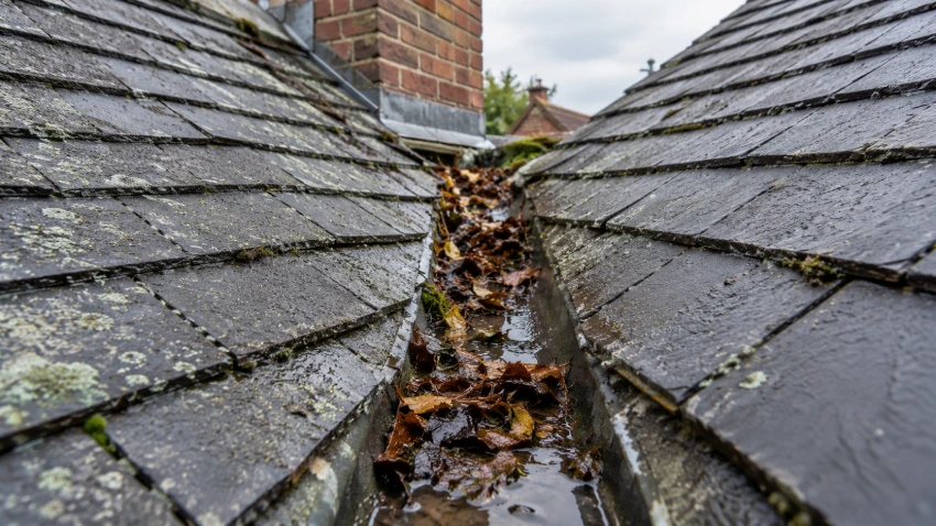 Roof Valley Blockage Uk with leaves and moss in roof channel
